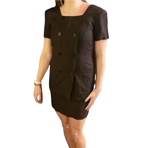 Ann Taylor Petites Sz 4 80s Black Double Breast Button Blazer Skirt Style Dress - Picture 1 of 12